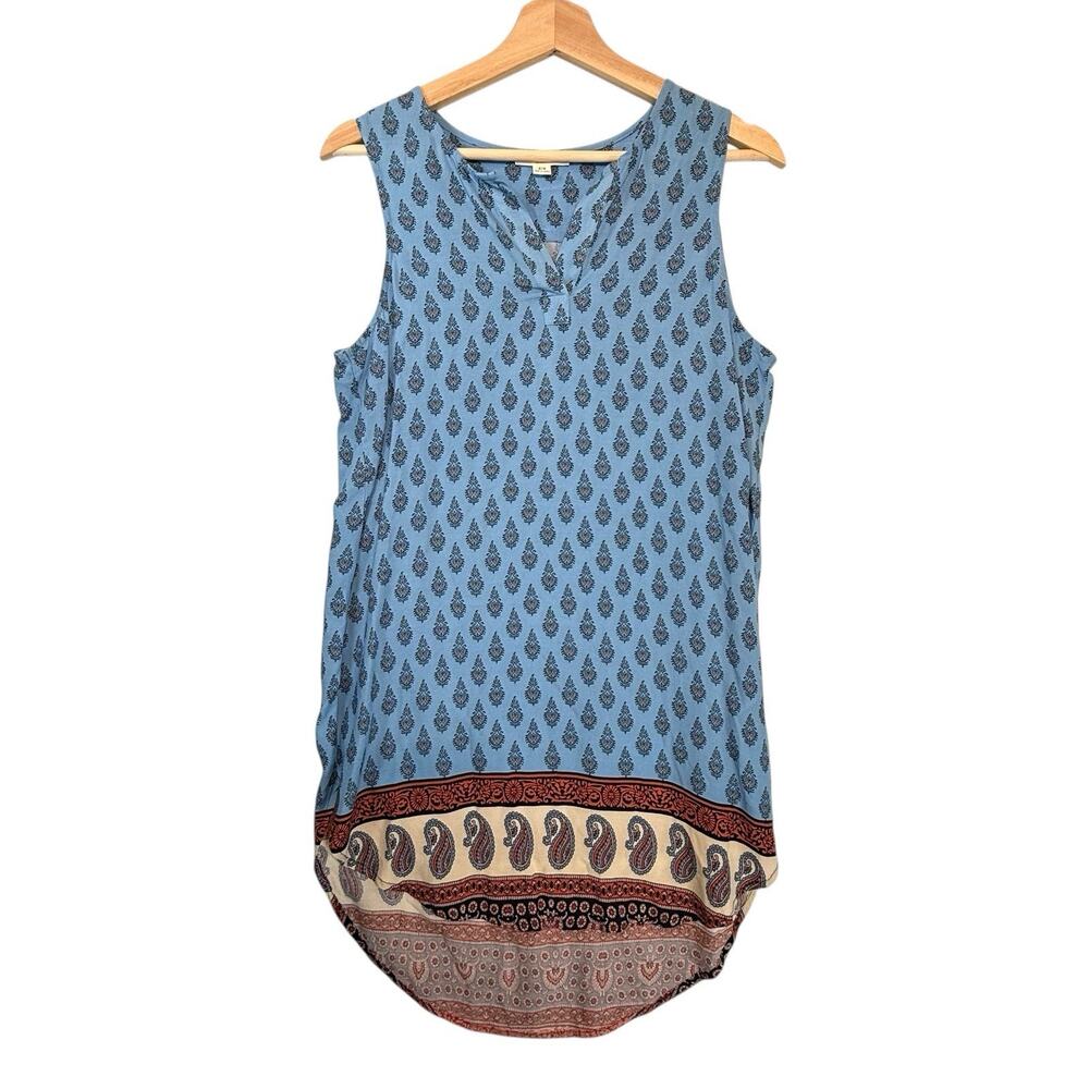 beachlunchlounge Boho Shift Dress Womens SIZE SMALL Hi Lo 70s Paisley Retro Blue